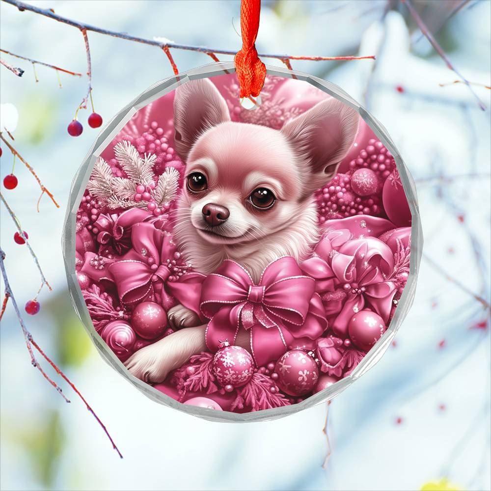Chihuahua Dog Pink Christmas Design 2 Glass Ornament