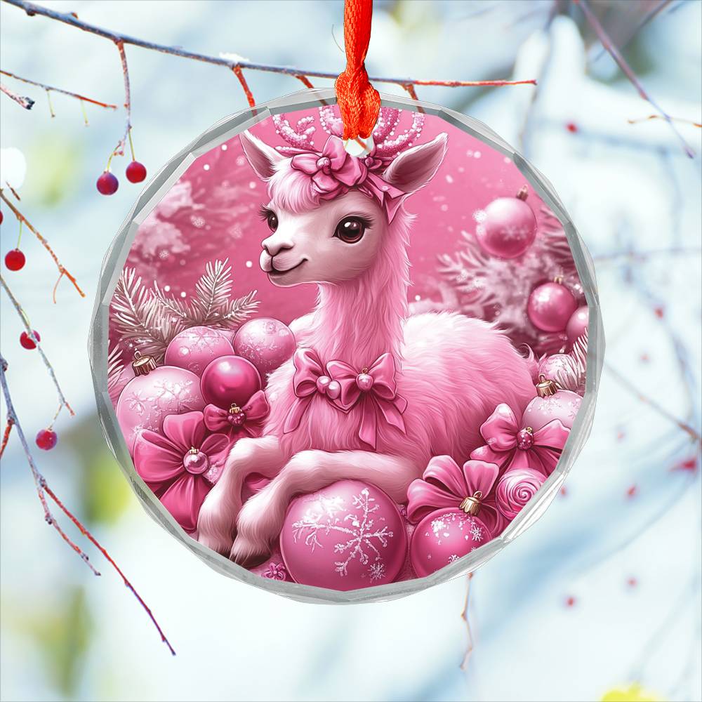 Alpaca Pink Christmas Design 1 Glass Ornament