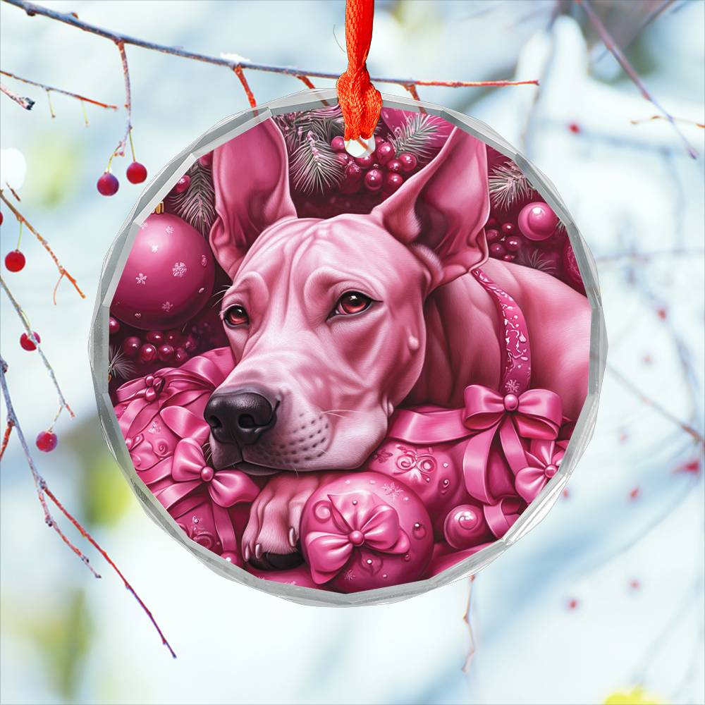 Great Dane Dog Pink Christmas Design 1 Glass Ornament