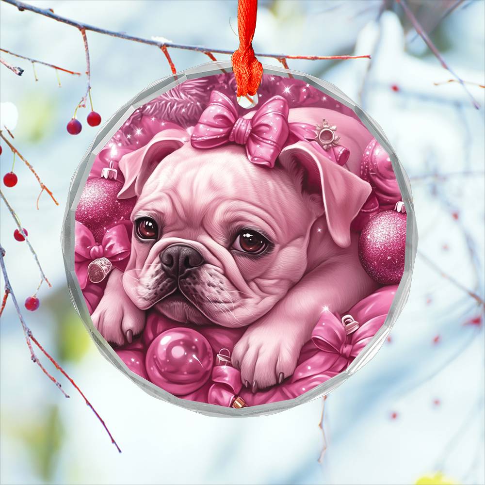 Bulldog Pink Christmas Design 1 Glass Ornament