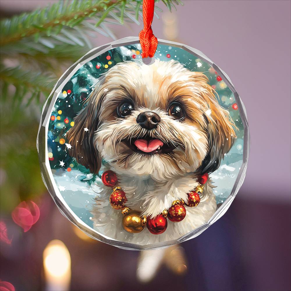 Beautiful Angus Shih Tzu Dog Christmas Night Design 4 Glass Ornament