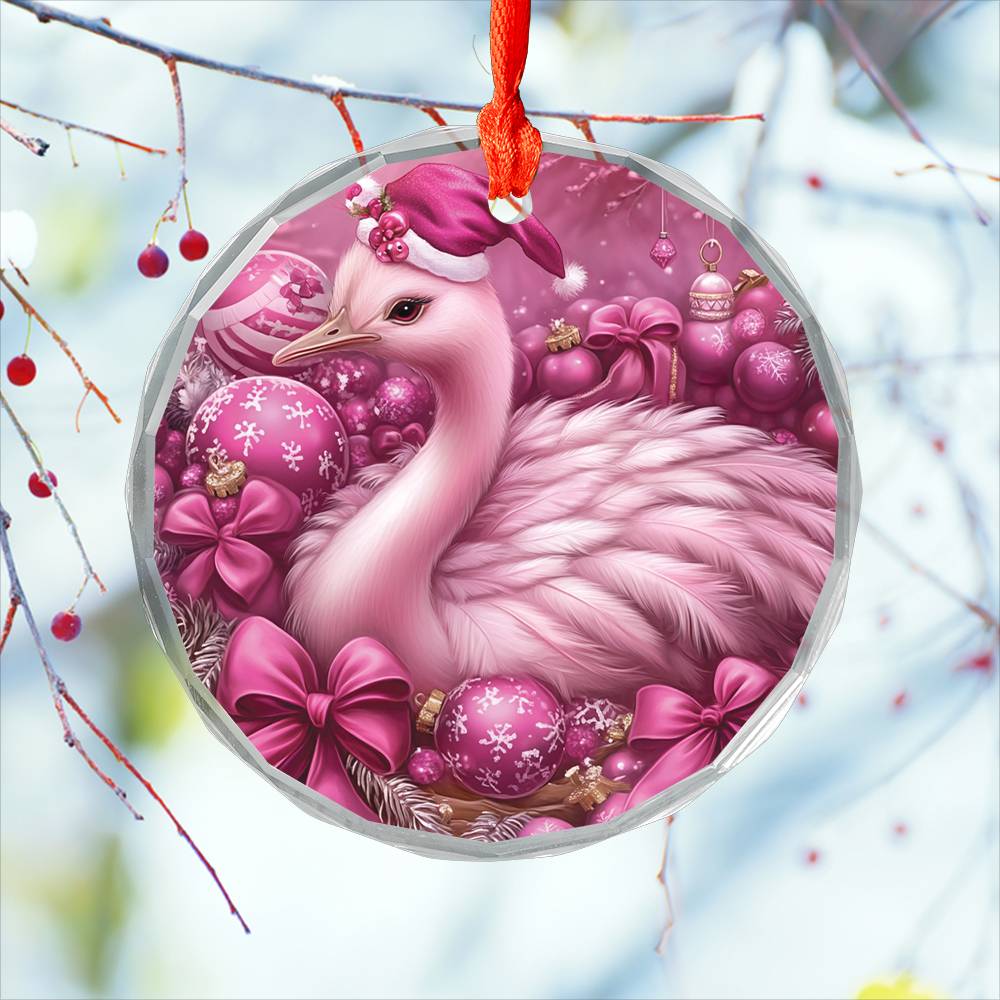Ostrich Pink Christmas Design 1 Glass Ornament