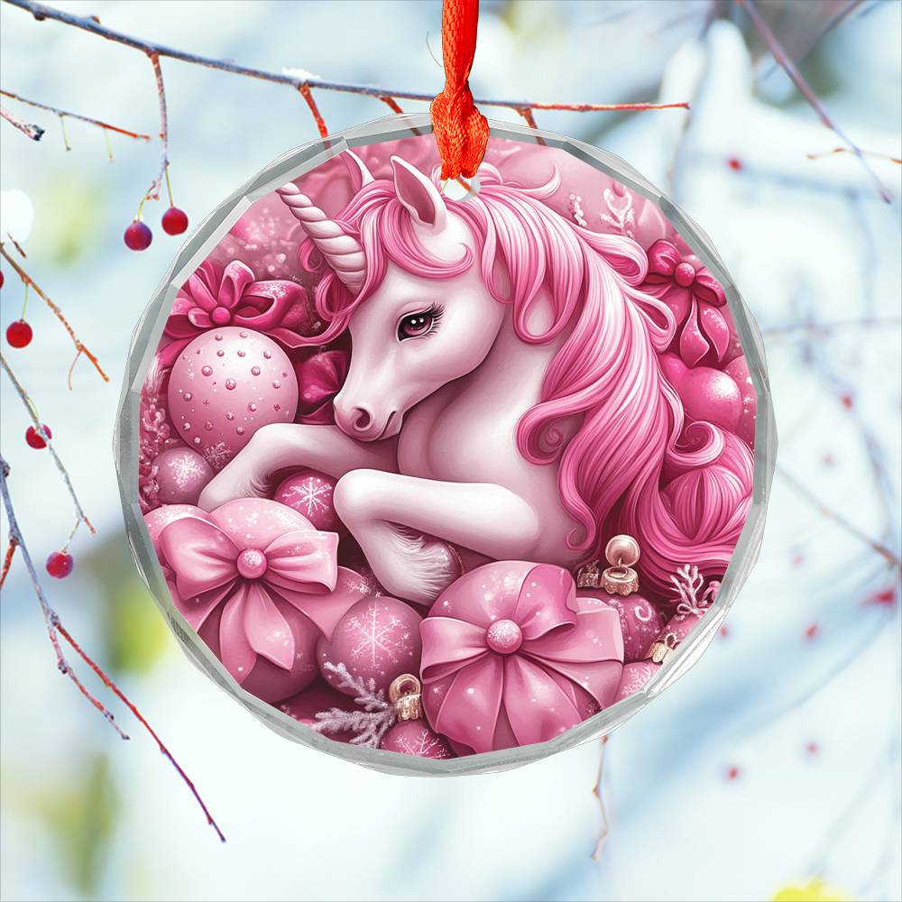 Unicorn Pink Christmas Design 1 Glass Ornament