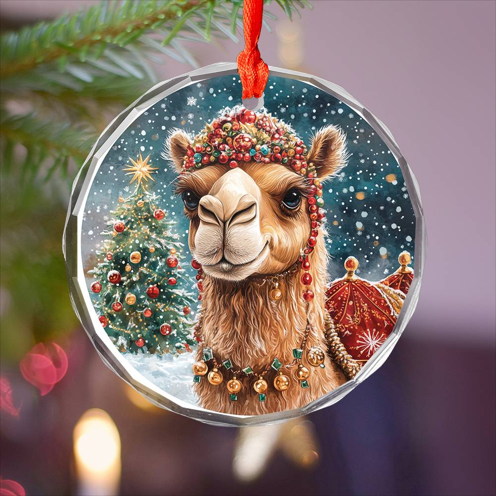 Beautiful Camel Christmas Night Design 3 Glass Ornament