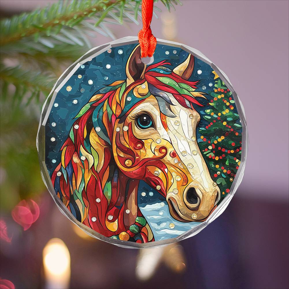 Beautiful Horse Christmas Night Design 1 Glass Ornament
