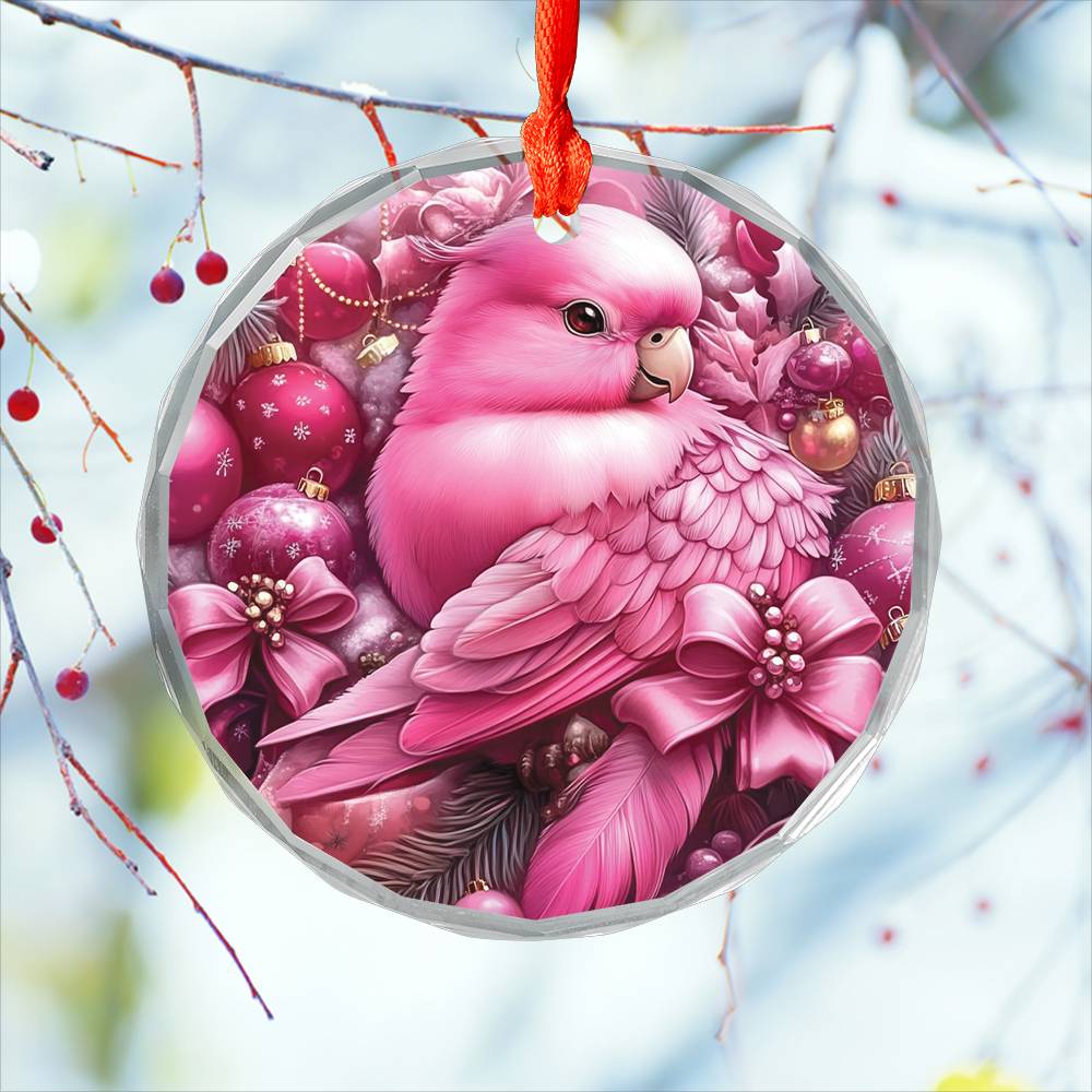 Parrot Pink Christmas Design 2 Glass Ornament