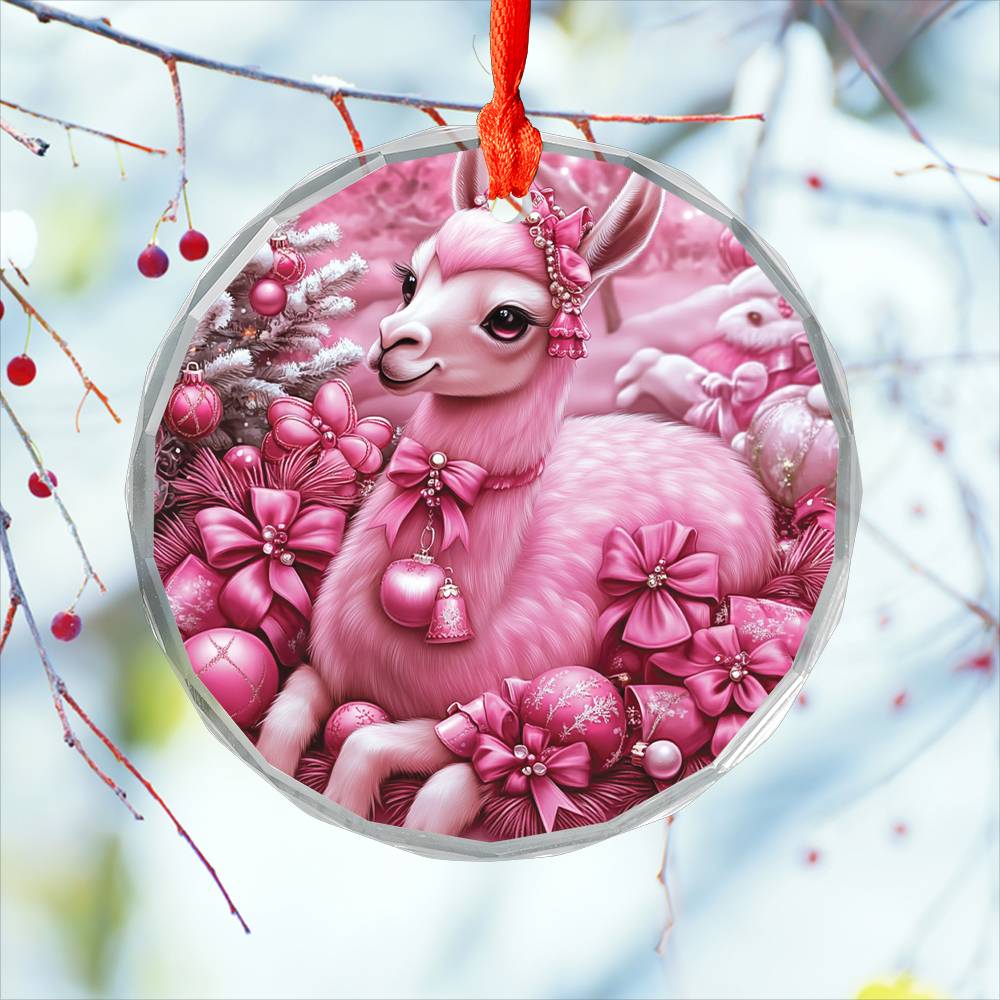 Llama Pink Christmas Design 1 Glass Ornament