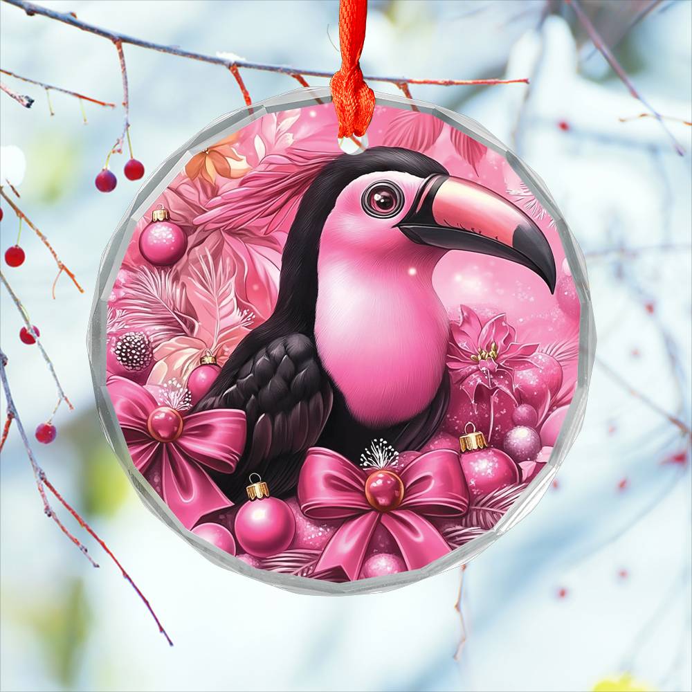 Toucan Pink Christmas Design 1 Glass Ornament