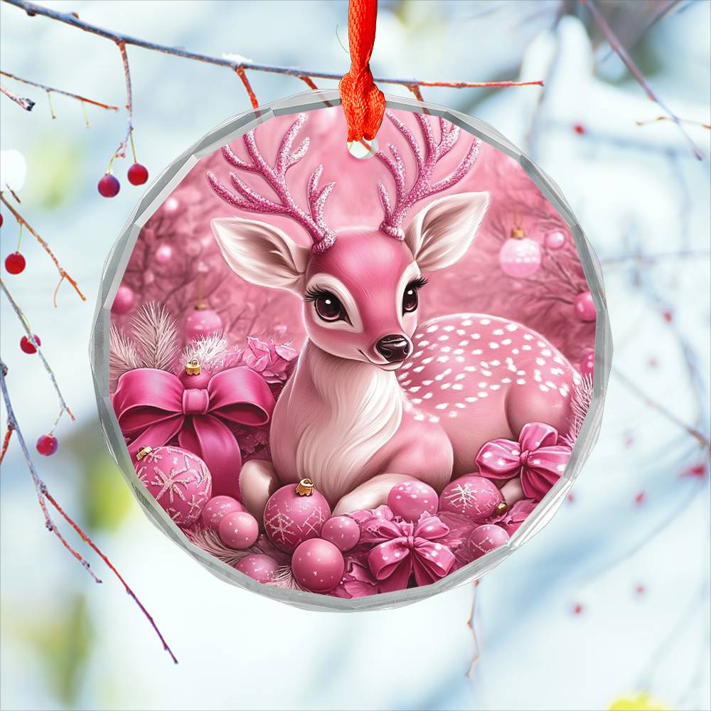 Deer Pink Christmas Design 2 Glass Ornament