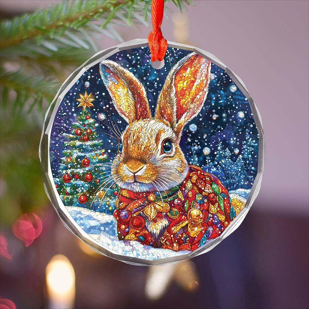 Beautiful Rabbit Christmas Night Design 3 Glass Ornament
