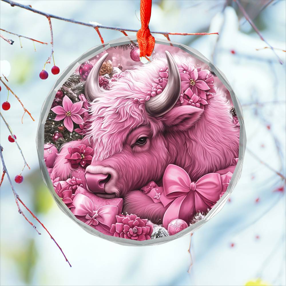 Bison Pink Christmas Design 2 Glass Ornament