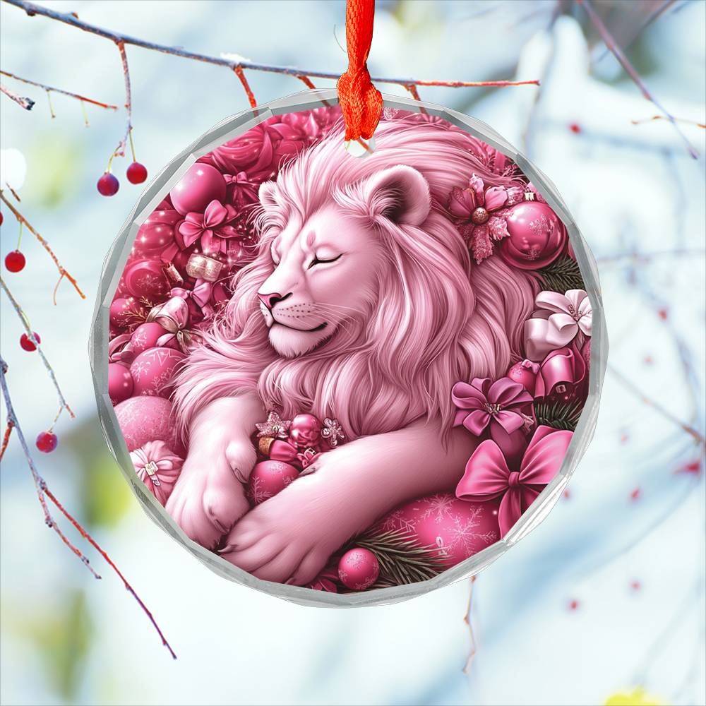 Lion Pink Christmas Design 2 Glass Ornament
