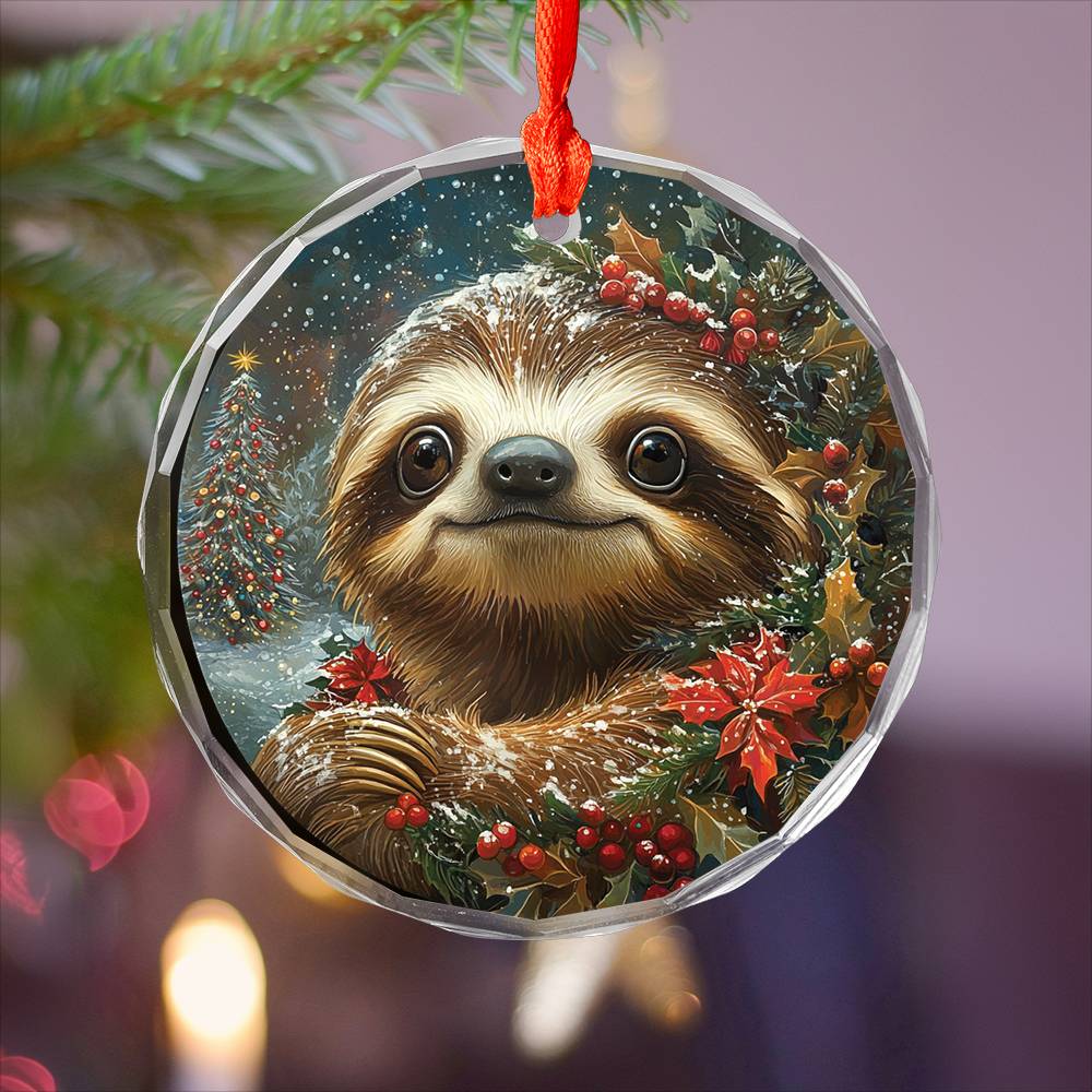 Beautiful Angus Sloth Christmas Night Design 3 Glass Ornament