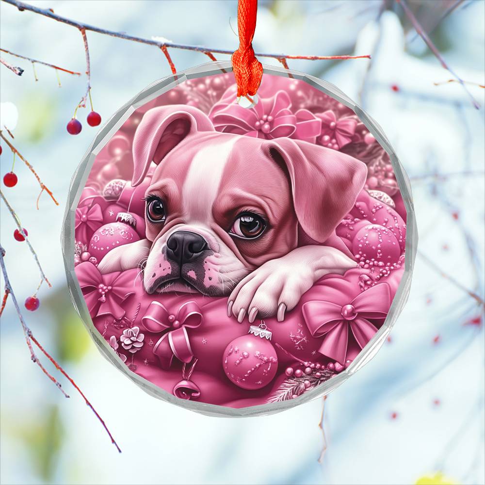 Boxer Dog Pink Christmas Design 1 Glass Ornament
