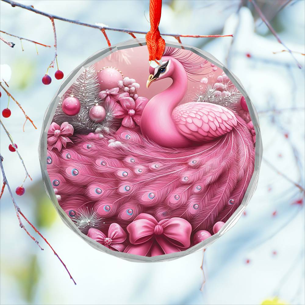 Peacock Pink Christmas Design 3 Glass Ornament