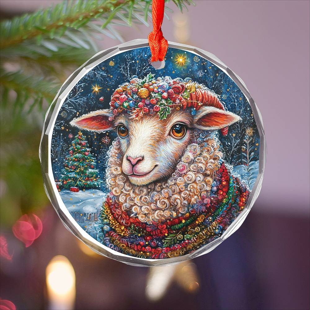 Beautiful Sheep Christmas Night Design 3 Glass Ornament