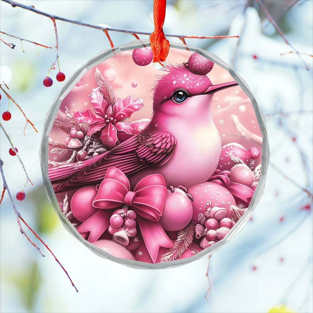 Hummingbird Pink Christmas Design 1 Glass Ornament