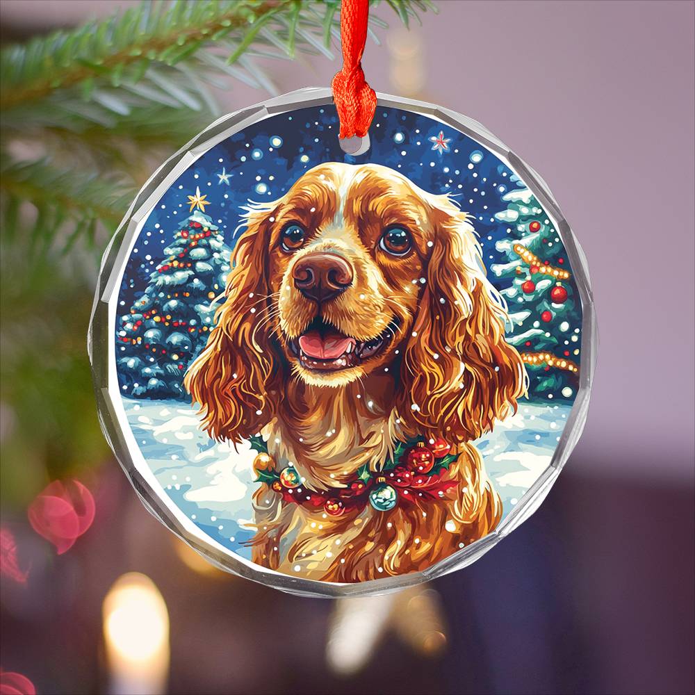 Beautiful English Cocker Spaniel Dog Christmas Night Design 1 Glass Ornament