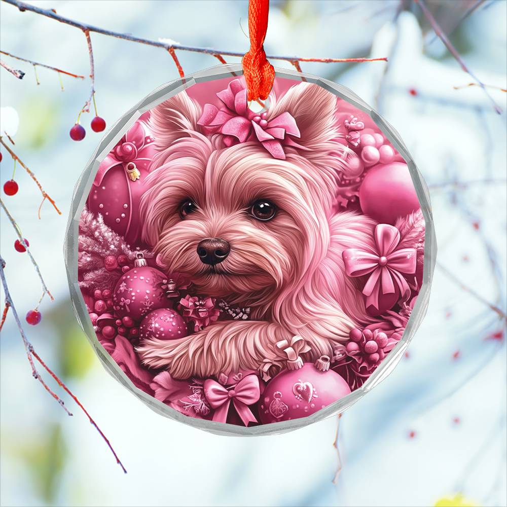 Yorkshire Terrier Dog Pink Christmas Design 1 Glass Ornament