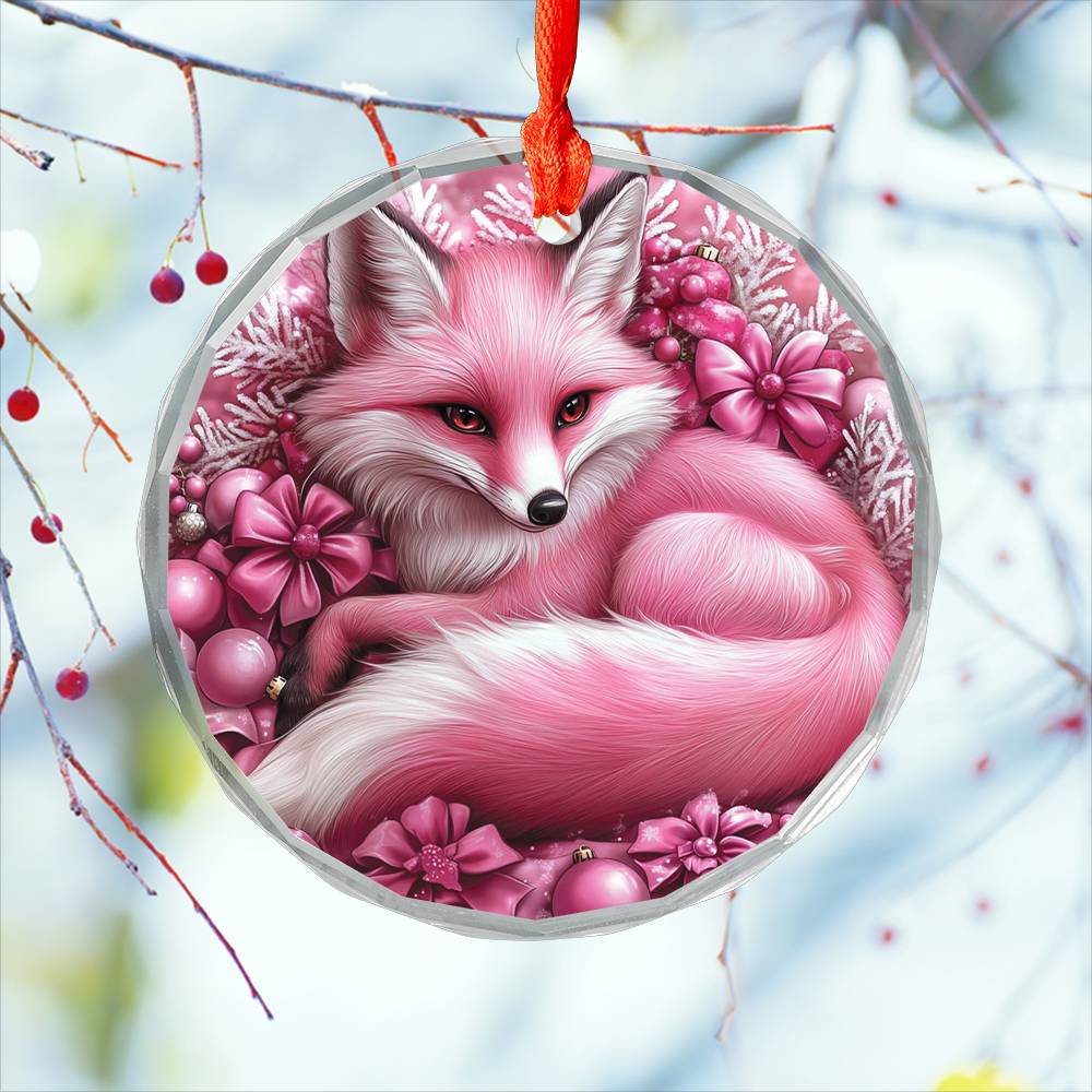 Fox Pink Christmas Design 2 Glass Ornament