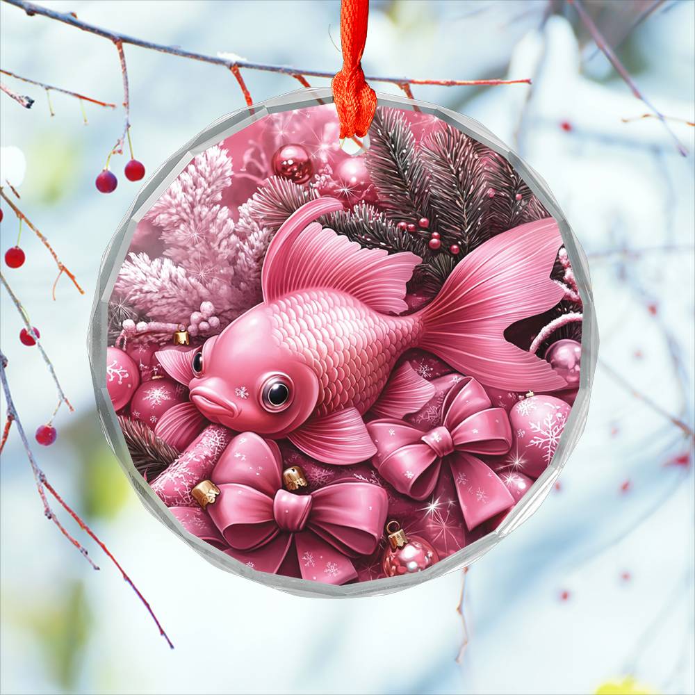 Goldfish Pink Christmas Design 2 Glass Ornament