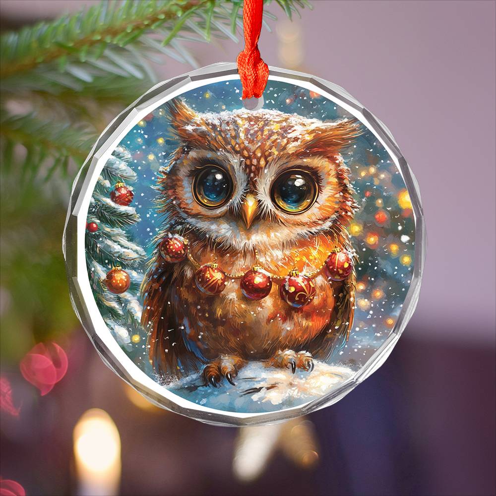 Beautiful Owl Christmas Night Design 3 Glass Ornament
