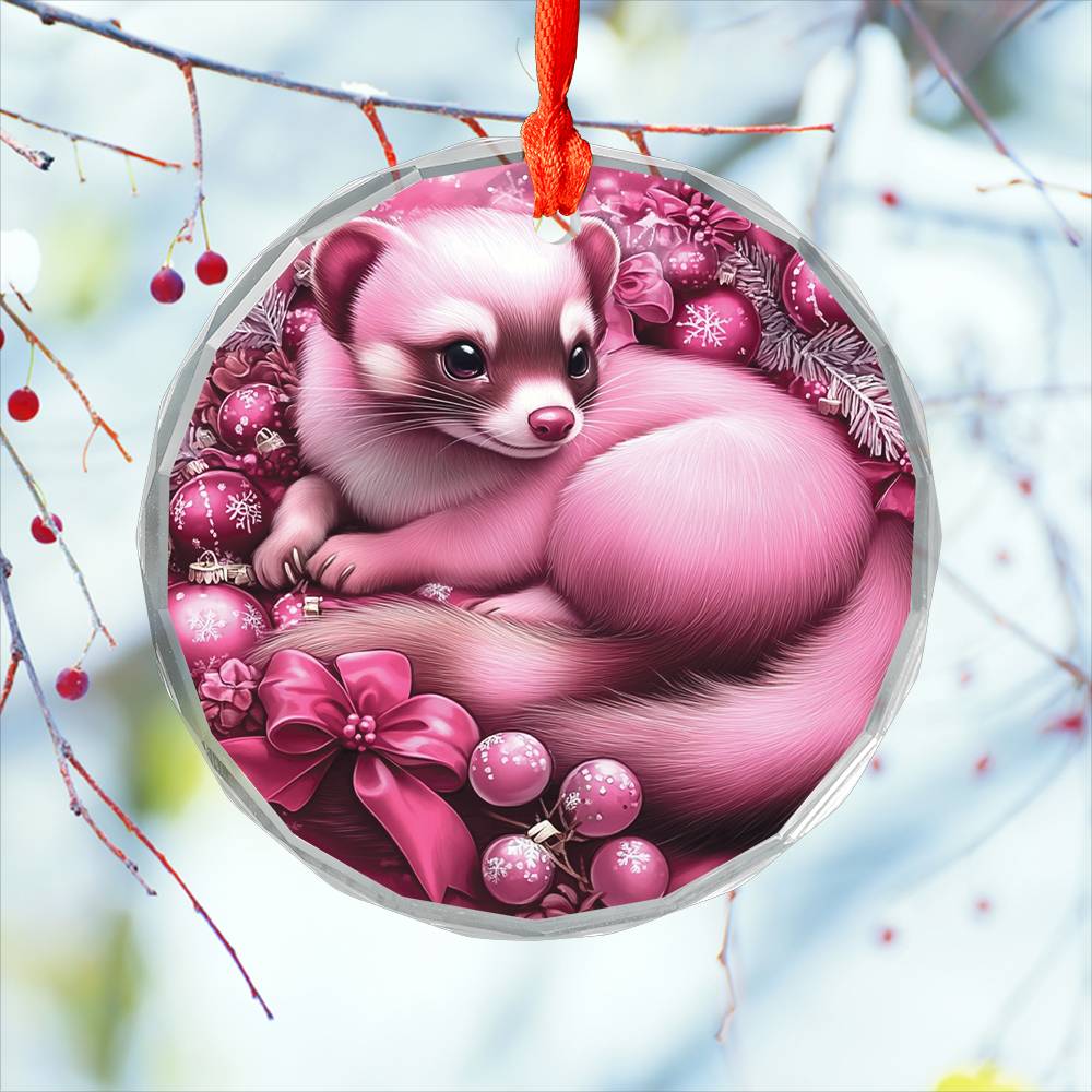 Ferret Pink Christmas Design 3 Glass Ornament