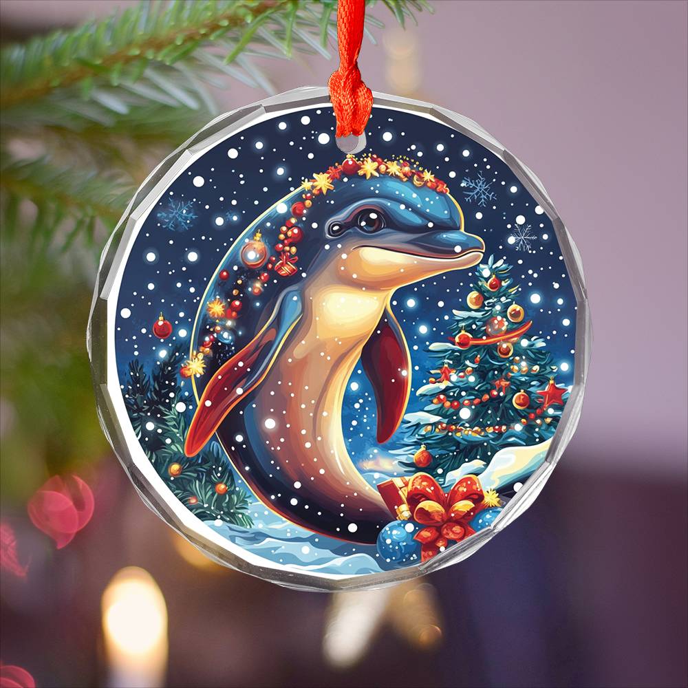 Beautiful Angus Dolphin Christmas Night Design 3 Glass Ornament