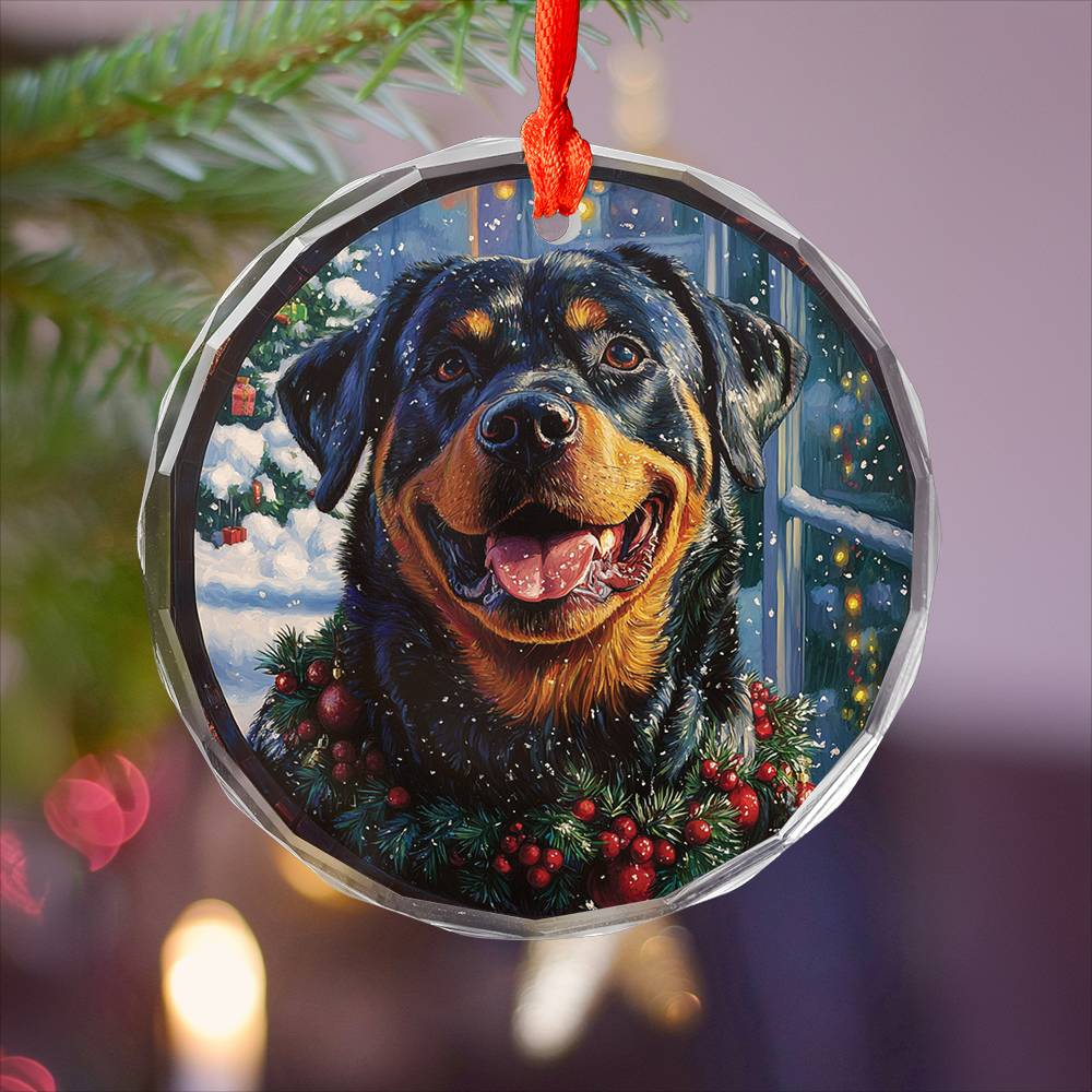 Beautiful Angus Rottweiler Dog Christmas Night Design 1 Glass Ornament