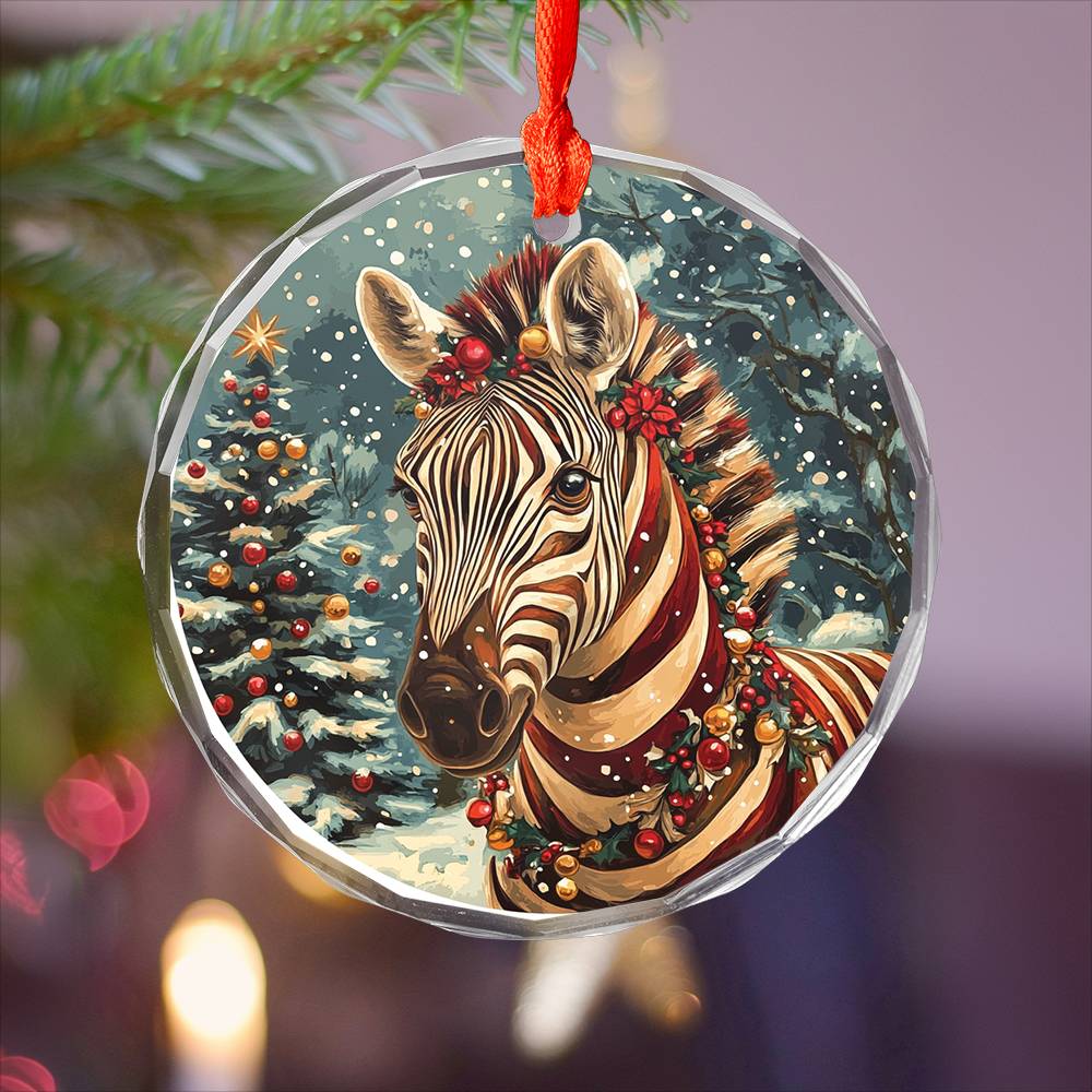 Beautiful Zebra Christmas Night Design 4 Glass Ornament