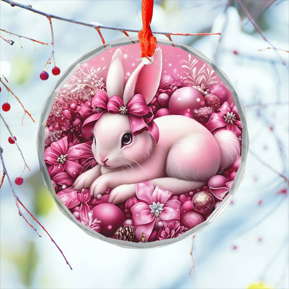 Rabbit Pink Christmas Design 2 Glass Ornament