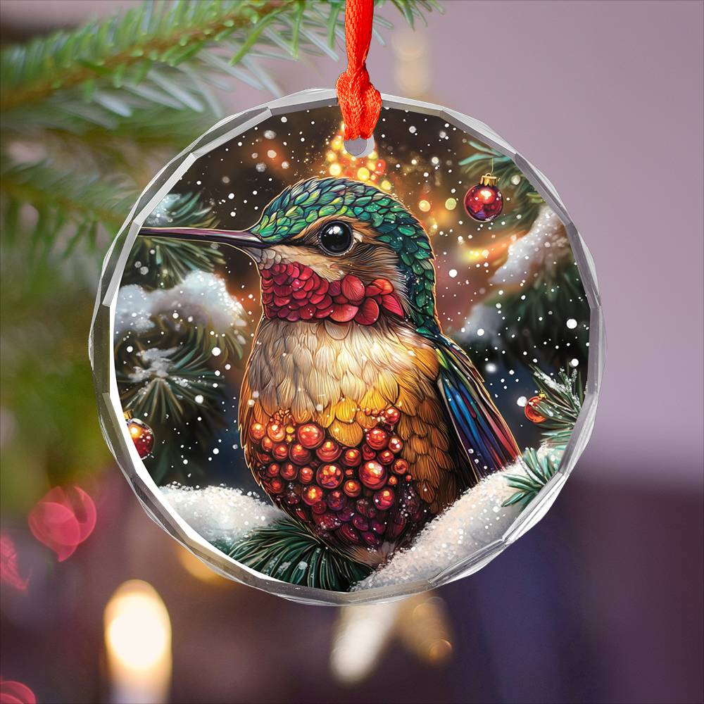Beautiful Hummingbird Christmas Night Design 1 Glass Ornament