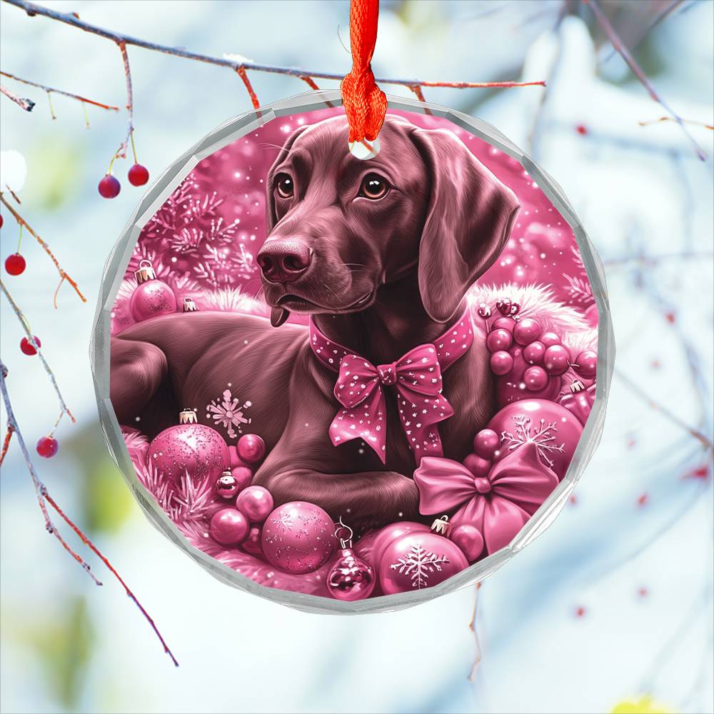 German Shorthaired Pointer Dog Pink Christmas Design 1 Glass Ornament