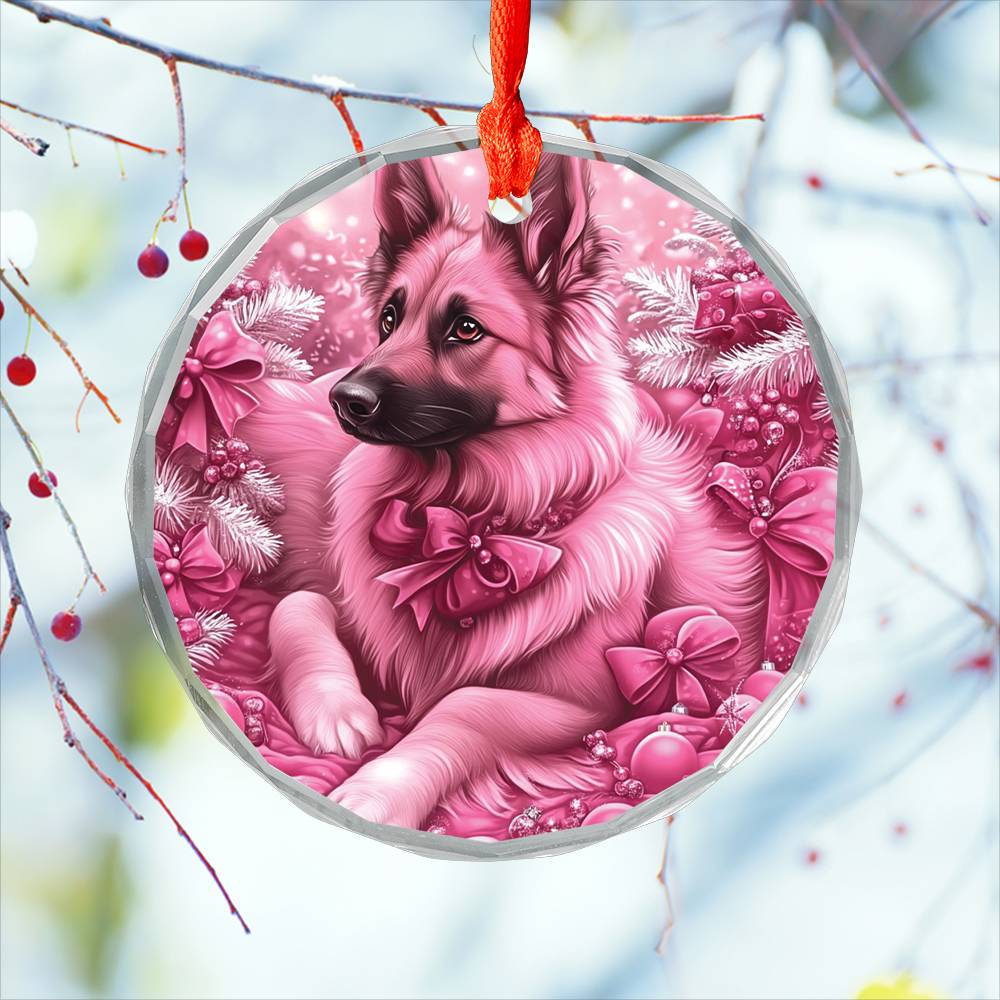 German Shepherd Dog Pink Christmas Design 2 Glass Ornament