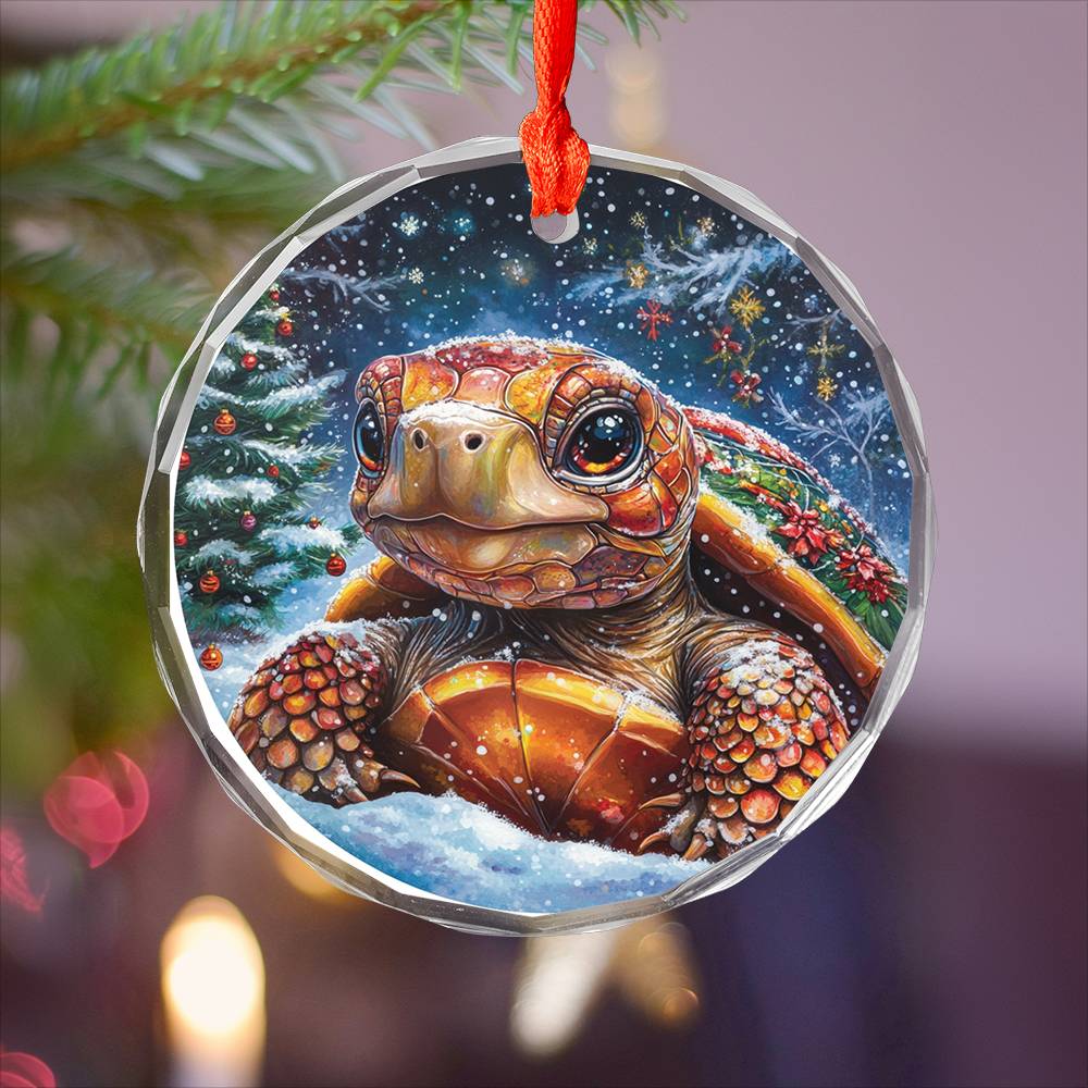 Beautiful Tortoise Christmas Night Design 1 Glass Ornament