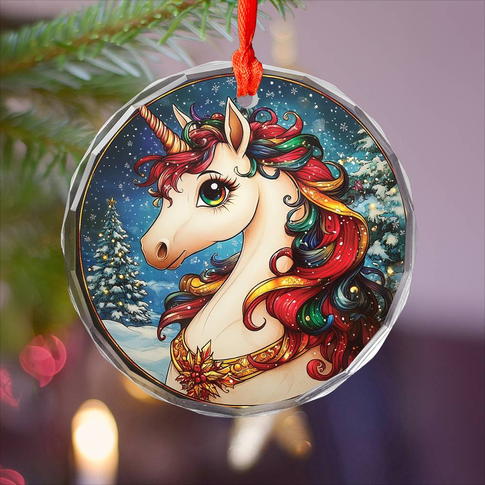 Beautiful Angus Unicorn Christmas Night Design 1 Glass Ornament