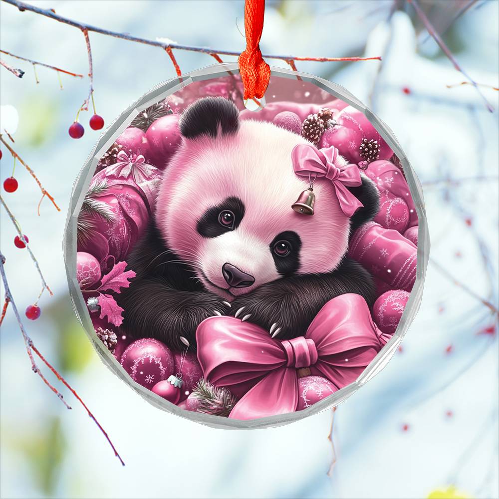 Panda Pink Christmas Design 2 Glass Ornament