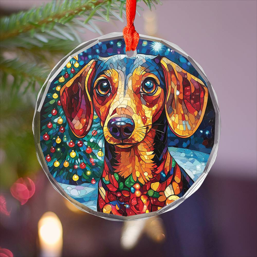 Beautiful Angus Dachshund Dog Christmas Night Design 2 Glass Ornament