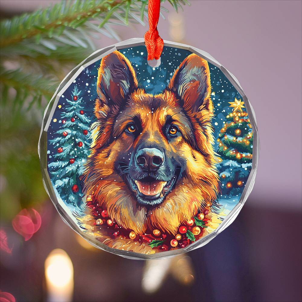 Beautiful German Shepherd Dog Christmas Night Design 3 Glass Ornament