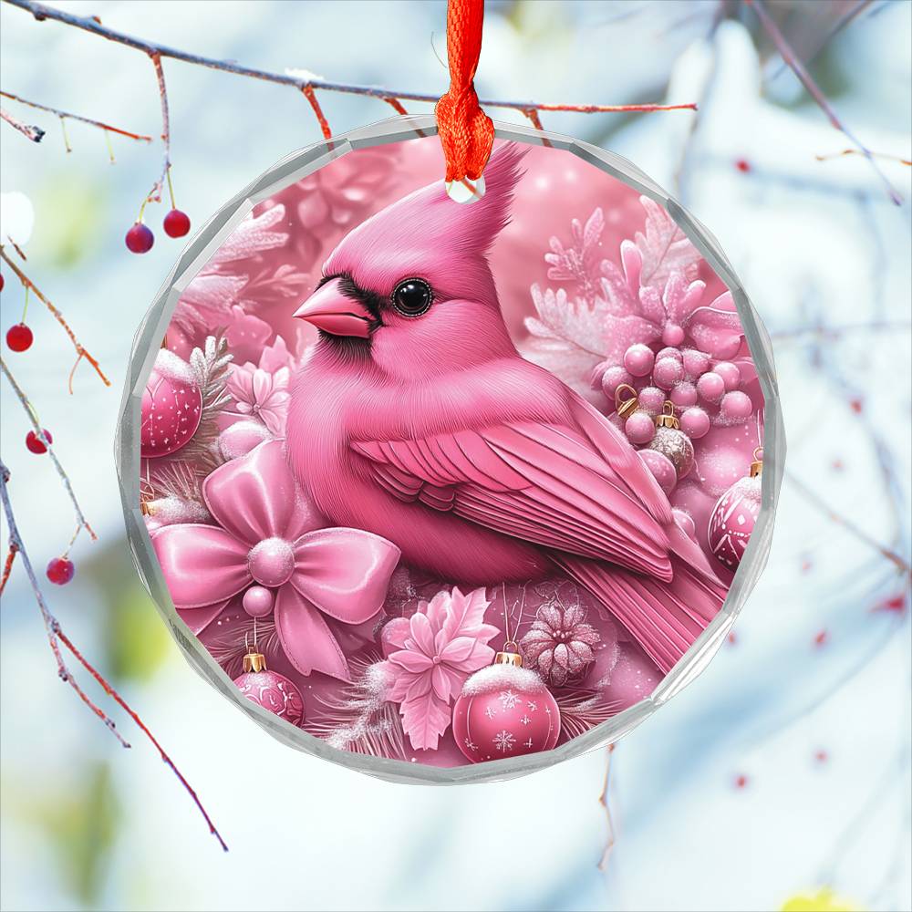Cardinal Pink Christmas Design 4 Glass Ornament