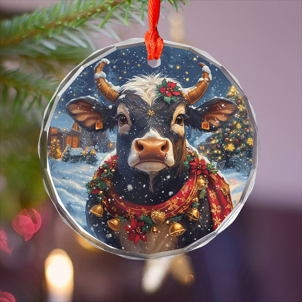 Beautiful Bull Christmas Night Design 1 Glass Ornament