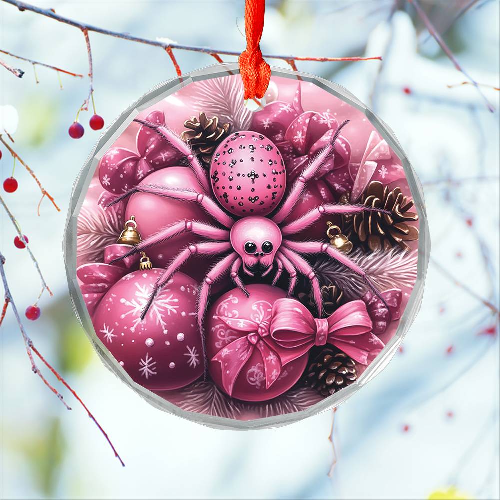 Spider Pink Christmas Design 2 Glass Ornament
