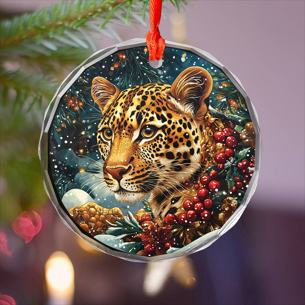 Beautiful Leopard Christmas Night Design 2 Glass Ornament