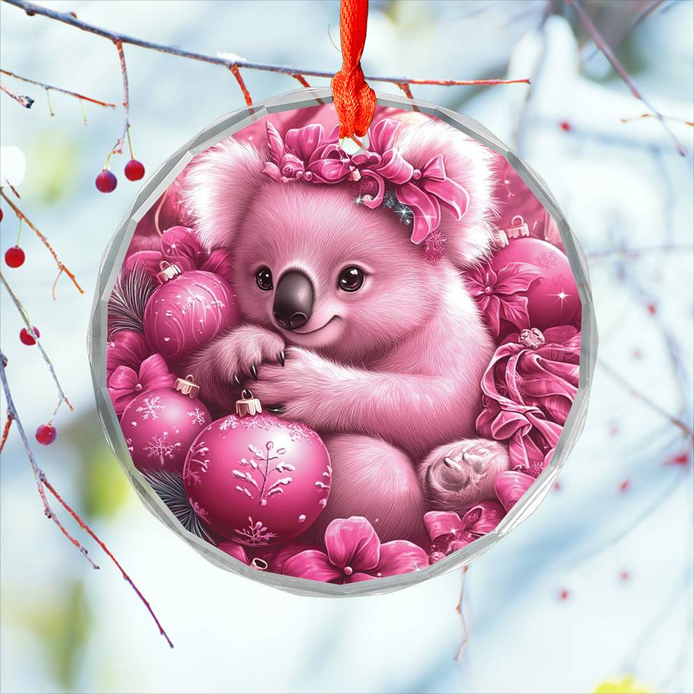 Koala Pink Christmas Design 3 Glass Ornament