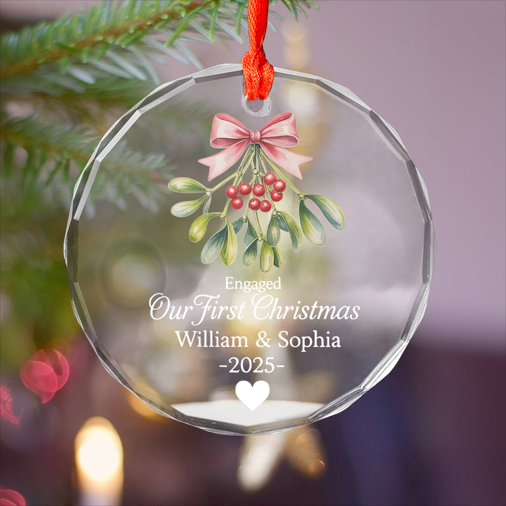 Mistletoe Our First Christmas Engaged - Personalized Circle Glass Ornament