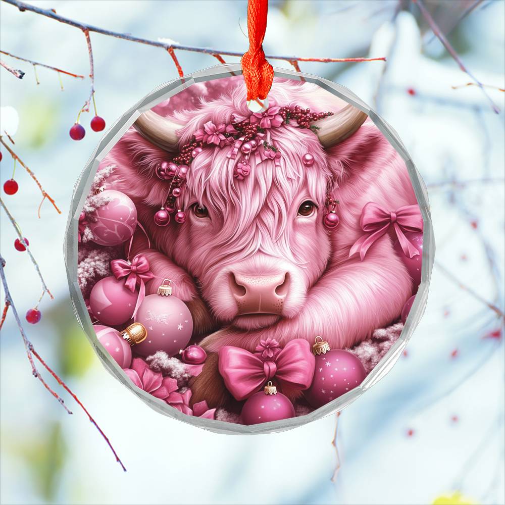 Highland Cow Pink Christmas Design 3 Glass Ornament