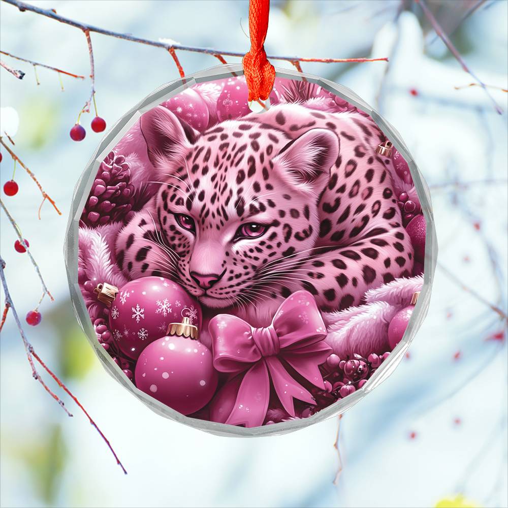 Leopard Pink Christmas Design 1 Glass Ornament