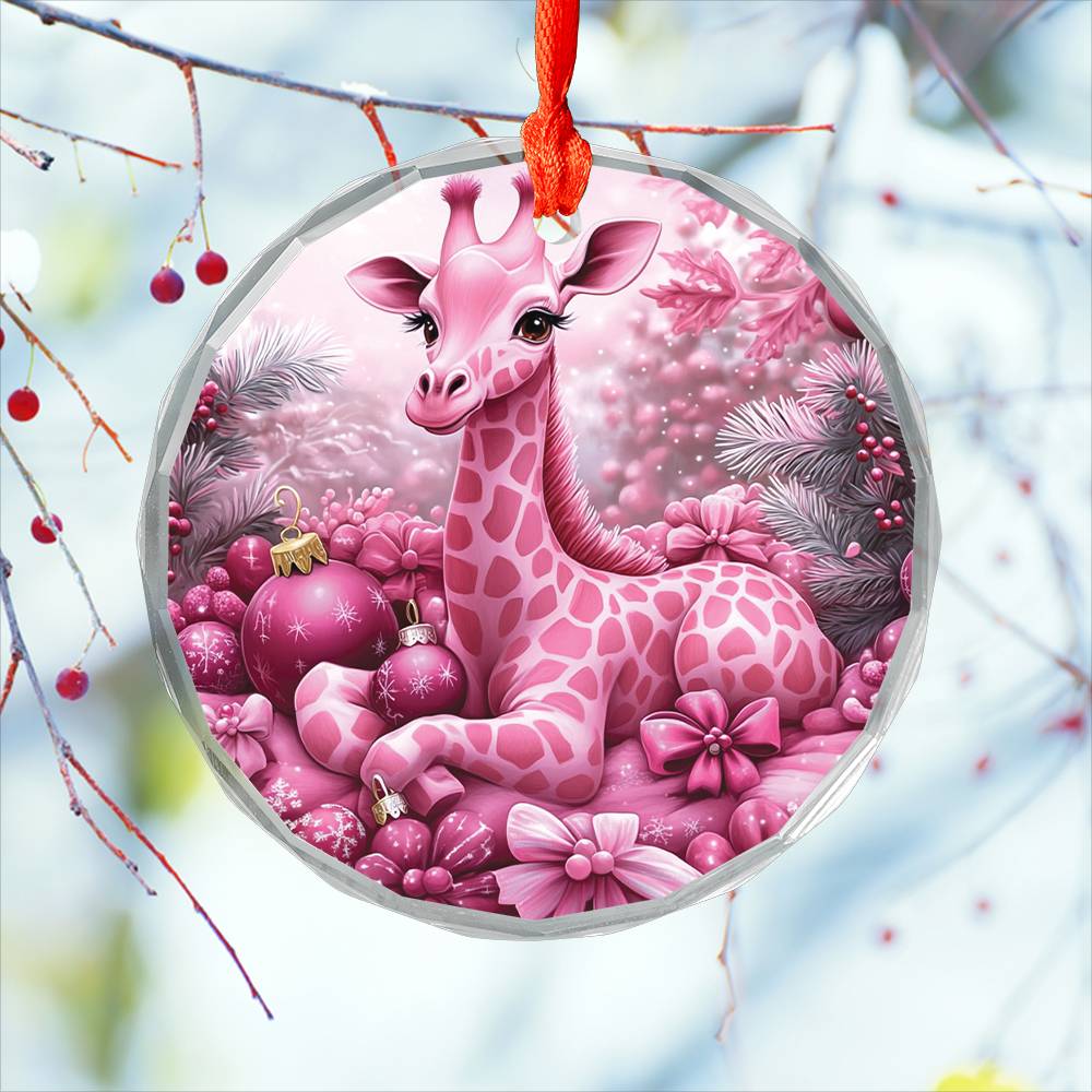 Giraffe Pink Christmas Design 4 Glass Ornament