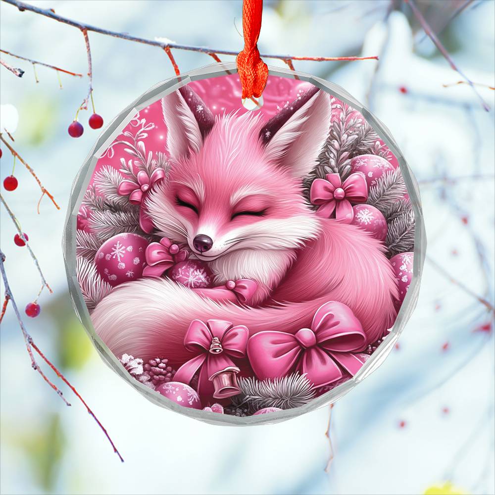 Fox Pink Christmas Design 3 Glass Ornament
