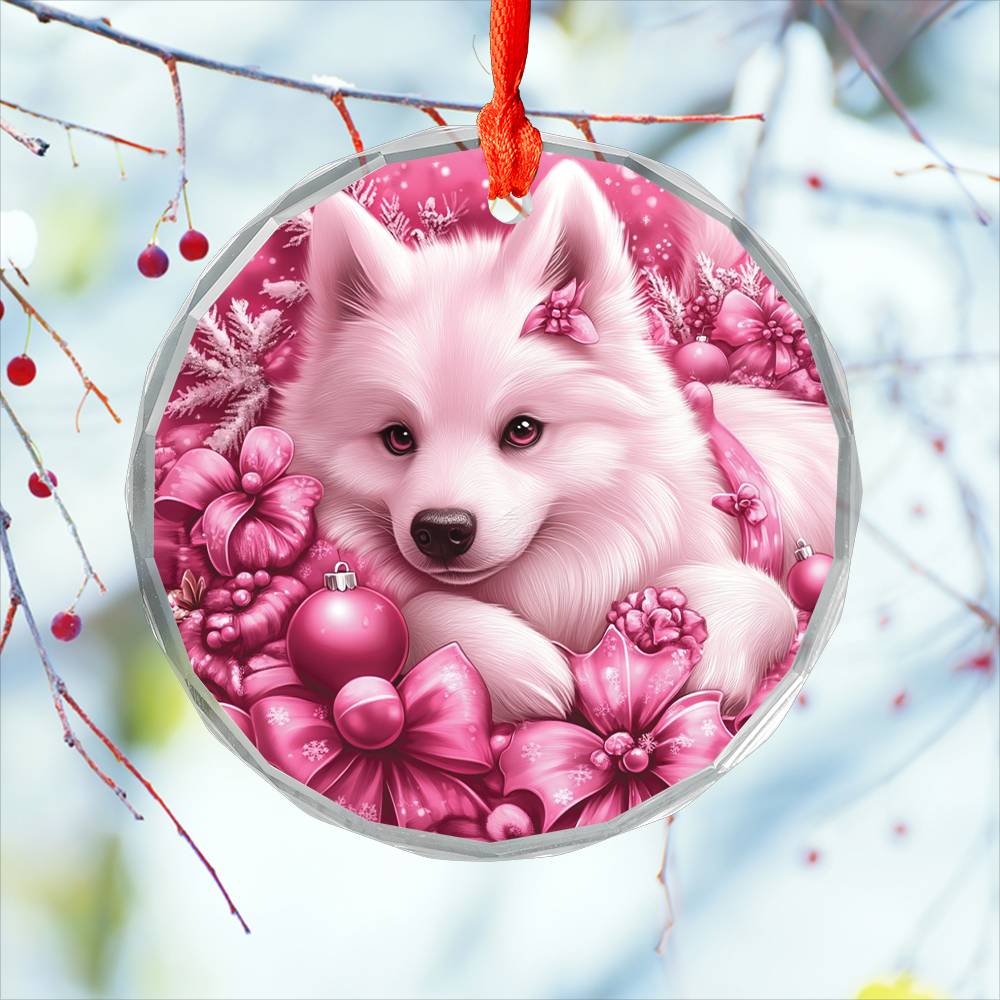 Samoyed Dog Pink Christmas Design 3 Glass Ornament